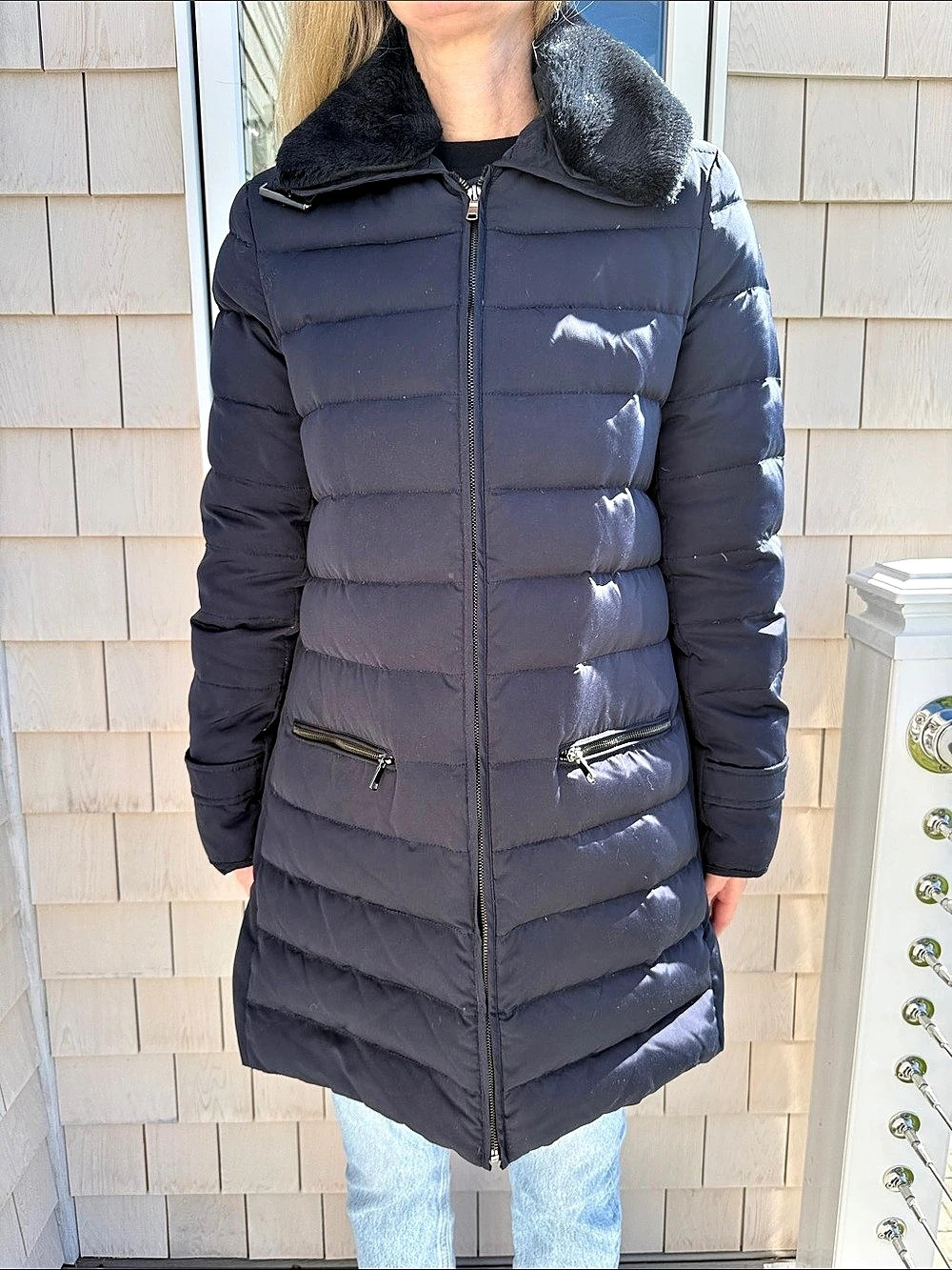 Zara Genuine Down Coat Mid-length Quilted Navy Puffer Coat Black Fur Collar